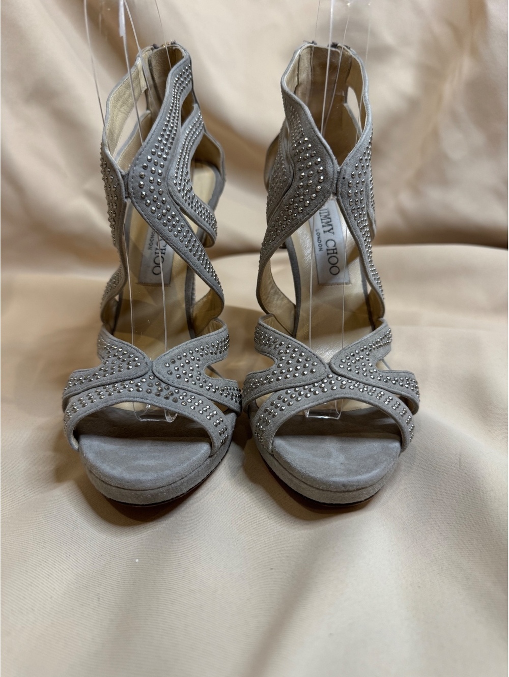 Jimmy Choo Gray Suede Crystal Embellished High Heel Sandals